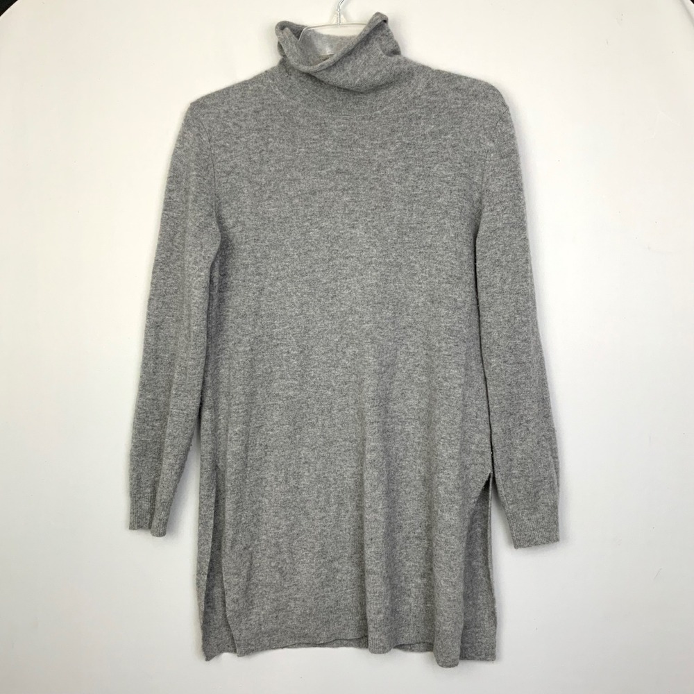 Theory Small Gray 100% Cashmere Longline Tunic Length Side Slits Roll Turtleneck